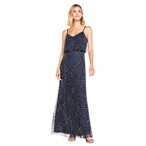 NWT Adrianna Papell Art Deco Beaded Blouson Maxi Dress Navy Blue Size 12